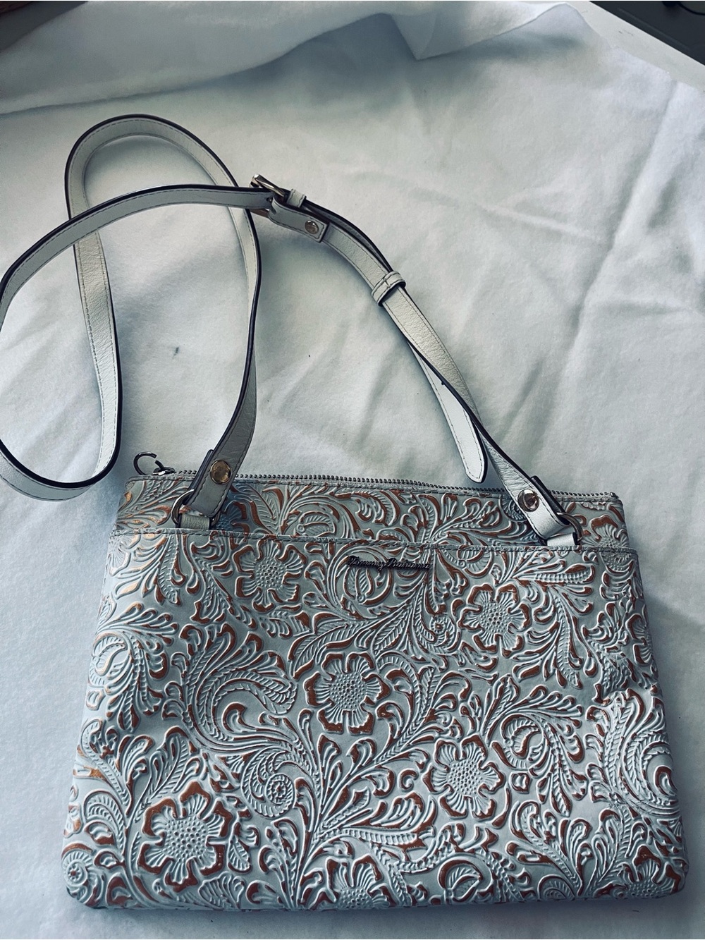 Tommy Bahama White and Brown Embossed Floral Crossbody Bag